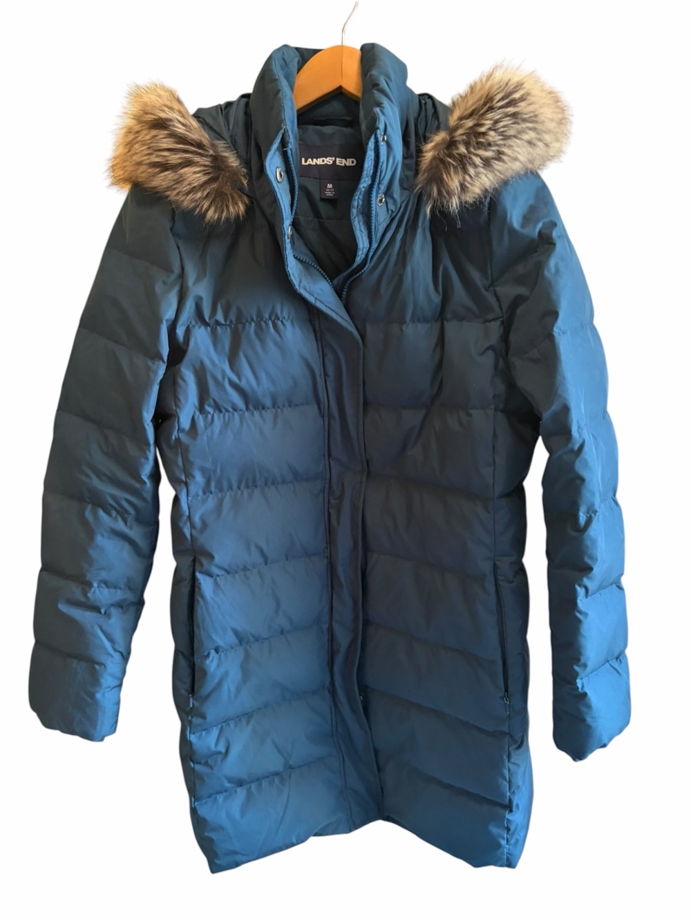 Land's End Long Down Coat with Faux Fur Trim Lined Hood in Teal